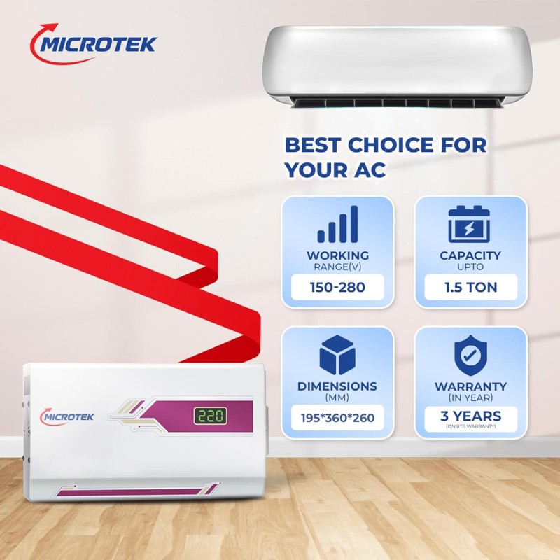 Microtek Pearl Em5150+ Automatic Voltage Stabilizer For Ac Up To 1.5 Ton Working Power 150v - 2905v