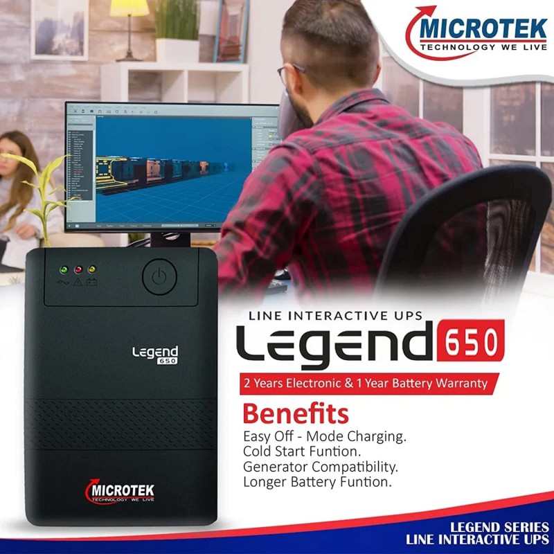 Microtek Legend 650 Line Interactive UPS 650VA/360W, Micro Processor Based UPS System, an Ideal Power Backup & Protection for Desktop PC & Home Office with 2 Years on Electronics and 1 year on Battery