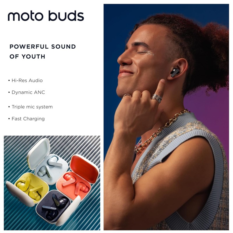 Motorola Moto Buds: Wireless Headphones, Optimal Quality Sound and High Resolution Audio, Active Dynamic Noise Cancellation, Optimal Integration with The Moto Ecosystem, Navy Blue