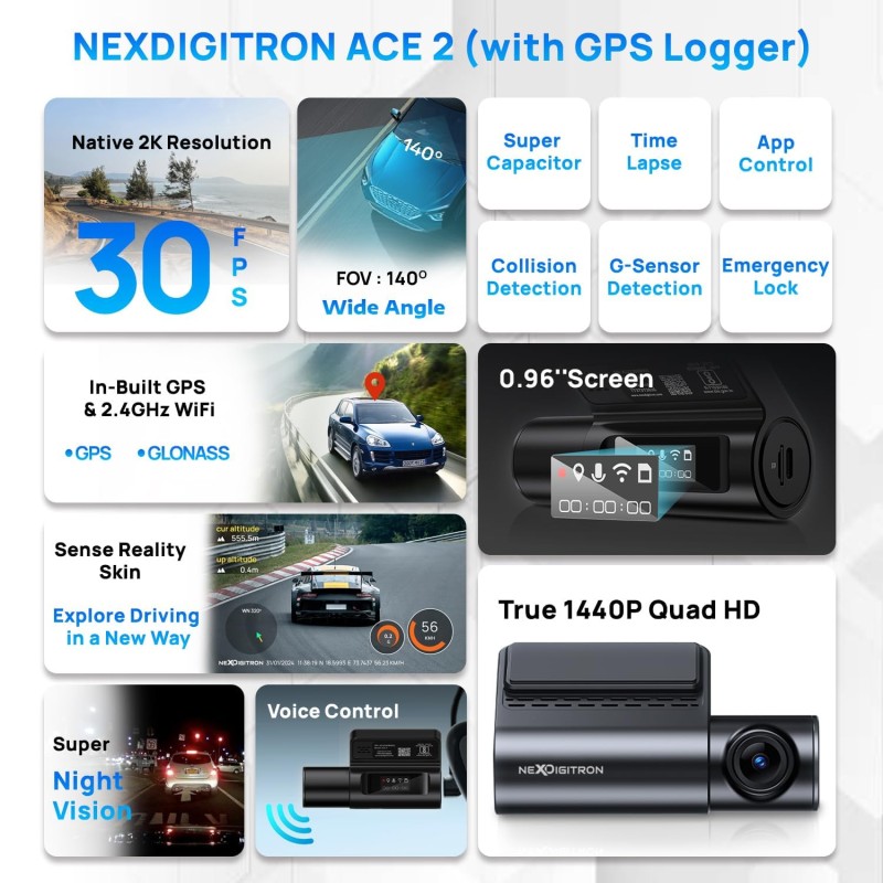 NEXDIGITRON ACE 2 Car Dash Camera with in-Built GPS Logger, Native 2K 1440P, Intuitive Screen, Voice Control