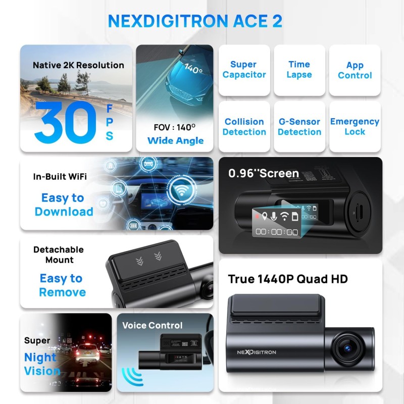 NEXDIGITRON ACE 2 Dash Camera, Native 2K 1440P, 0.96" Screen, Voice Control, Super-Capacitor, F1.8 6G Lens, Optional Parking Mode, Upto 256GB Supported