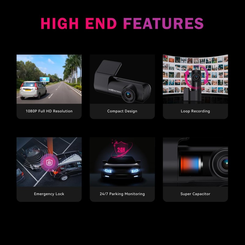 NEXDIGITRON NEO Car Dash Camera, Full HD 1080P, Made in India, 2MP CMOS Sensor, 5G 140° Wide Angle Lens, Detachable & 360° Rotatable, Super-Capacitor, DIY Installation, Upto 128GB Supported