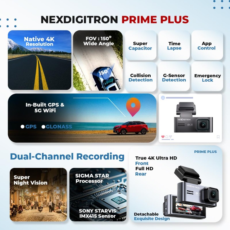 NEXDIGITRON PRIME Plus 4K Dual Channel Dash Camera with in-Built GPS Logger, Real 4K 2160P UHD Front+FHD Rear, IMX415 8MP Sensor, 3.2 Inch Screen, 5 GHz WiFi, Optional Parking Mode, Upto 256GB Support