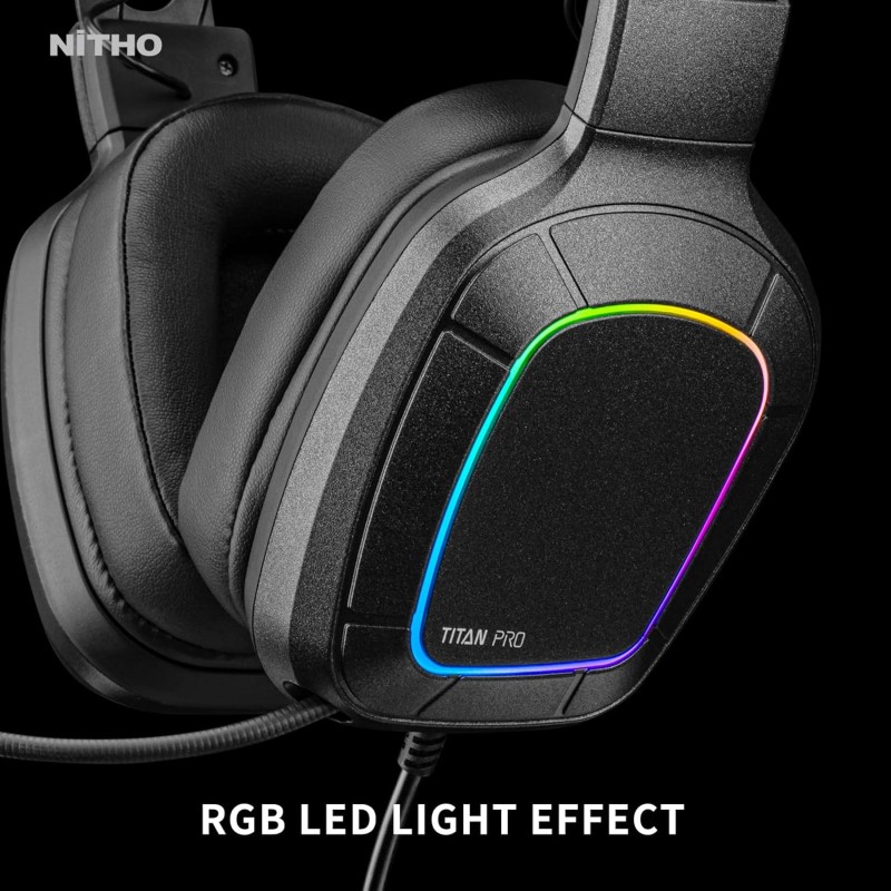 Nitho Titan PRO 7.1 Surround Gaming Headset with Cardioid Microphone for PS5, PS4, PC, Laptop, Over-Ear Stereo Wired Gaming Headphones with RGB LED Light, 3.5 mm Audio Jack, 50 mm Drivers - Black