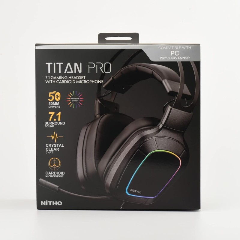 Nitho Titan PRO 7.1 Surround Gaming Headset with Cardioid Microphone for PS5, PS4, PC, Laptop, Over-Ear Stereo Wired Gaming Headphones with RGB LED Light, 3.5 mm Audio Jack, 50 mm Drivers - Black