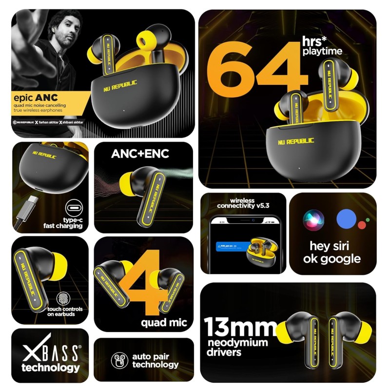 Nu Republic Epic ANC TWS Earbuds with Upto 64 hrs Playtime, 13mm Neodymium Driver, XBass® Technology, ANC + ENC Quad Mics (Black/Yellow)