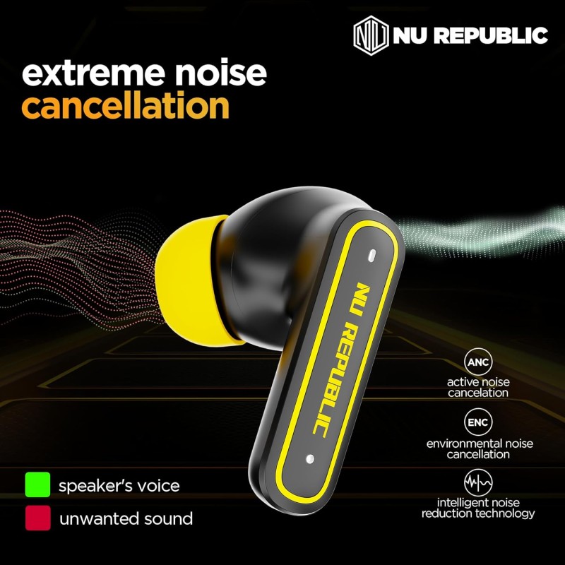 Nu Republic Epic ANC TWS Earbuds with Upto 64 hrs Playtime, 13mm Neodymium Driver, XBass® Technology, ANC + ENC Quad Mics (Black/Yellow)