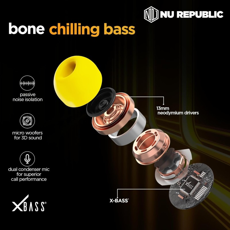 Nu Republic Epic ANC TWS Earbuds with Upto 64 hrs Playtime, 13mm Neodymium Driver, XBass® Technology, ANC + ENC Quad Mics (Black/Yellow)
