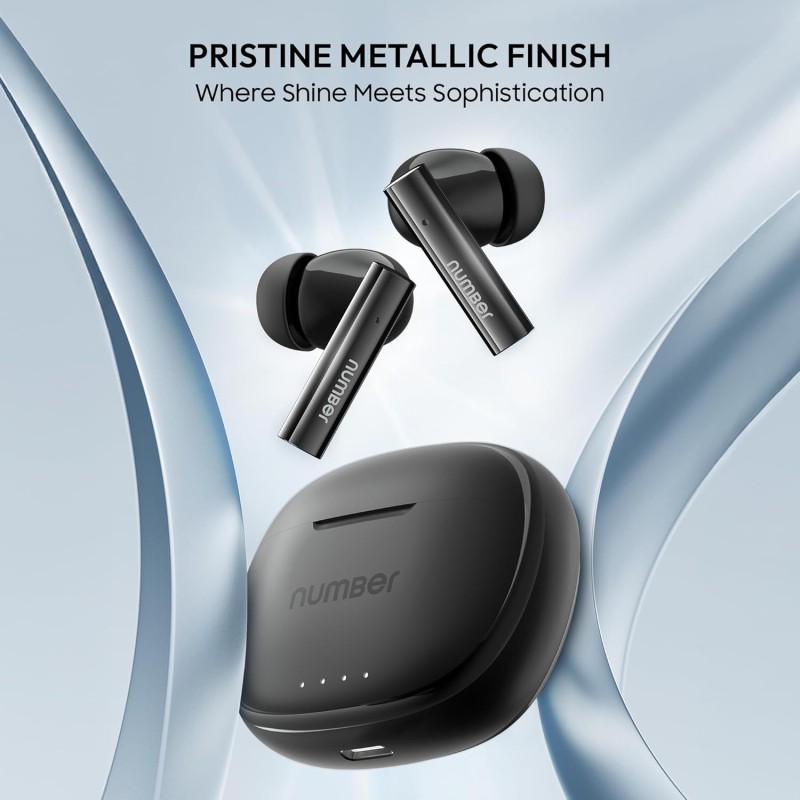 Number Navo Buds X1 w/ 50H Playtime, Dual Pairing, 13mm Speakers, ENC, 45ms Low Latency Bluetooth (Black Moon)