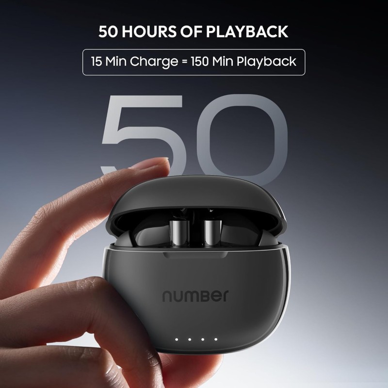Number Navo Buds X1 w/ 50H Playtime, Dual Pairing, 13mm Speakers, ENC, 45ms Low Latency Bluetooth (Black Moon)