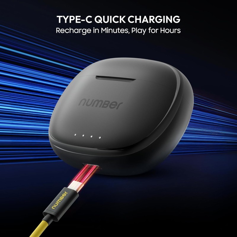 Number Navo Buds X1 w/ 50H Playtime, Dual Pairing, 13mm Speakers, ENC, 45ms Low Latency Bluetooth (Black Moon)