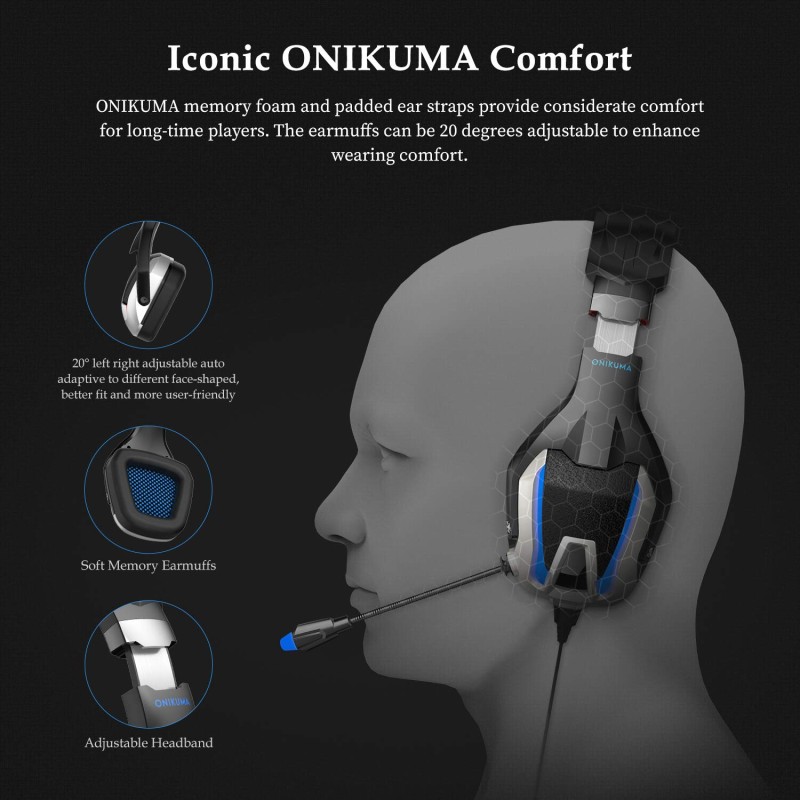 ONIKUMA K12 Stereo Gaming Headset with Mic, Controls and LED Light for PC, PS4, Xbox and Mobiles (Black/Blue)