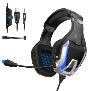 ONIKUMA K12 Stereo Gaming Headset with Mic, Controls and LED Light for PC, PS4, Xbox and Mobiles (Black/Blue)