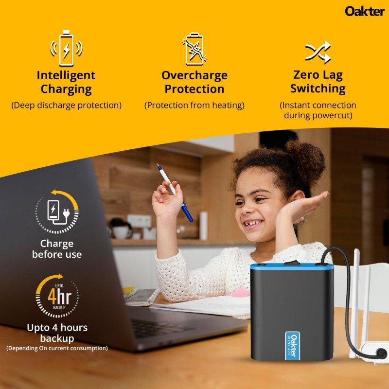 Oakter Mini UPS for 12V WiFi Router Broadband Modem | Backup Upto 4 Hours | WiFi UPS Power Backup During Power Cuts | UPS Broadband Modem | Current Surge & Deep Discharge Protection