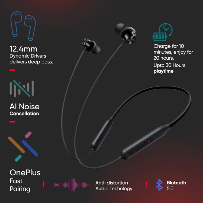 OnePlus Bullets Z2 Bluetooth Wireless in Ear Earphones with Mic, Bombastic Bass - 12.4 Mm Drivers, 10 Mins Charge - 20 Hrs Music, 30 Hrs Battery Life (Magico Black)