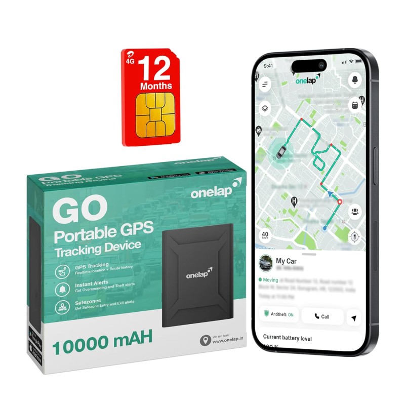 Onelap GO Portable GPS (with 12 Months 4G SIM Recharge) - Wireless GPS Tracker for Car, Kids School Bag, Scooty or Trucks