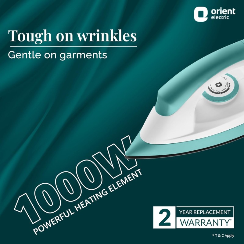 Orient Electric Fabrijoy 1000 Watt Dry Iron for clothes with Weilburger Non Stick Soleplate coating | 5 level safety