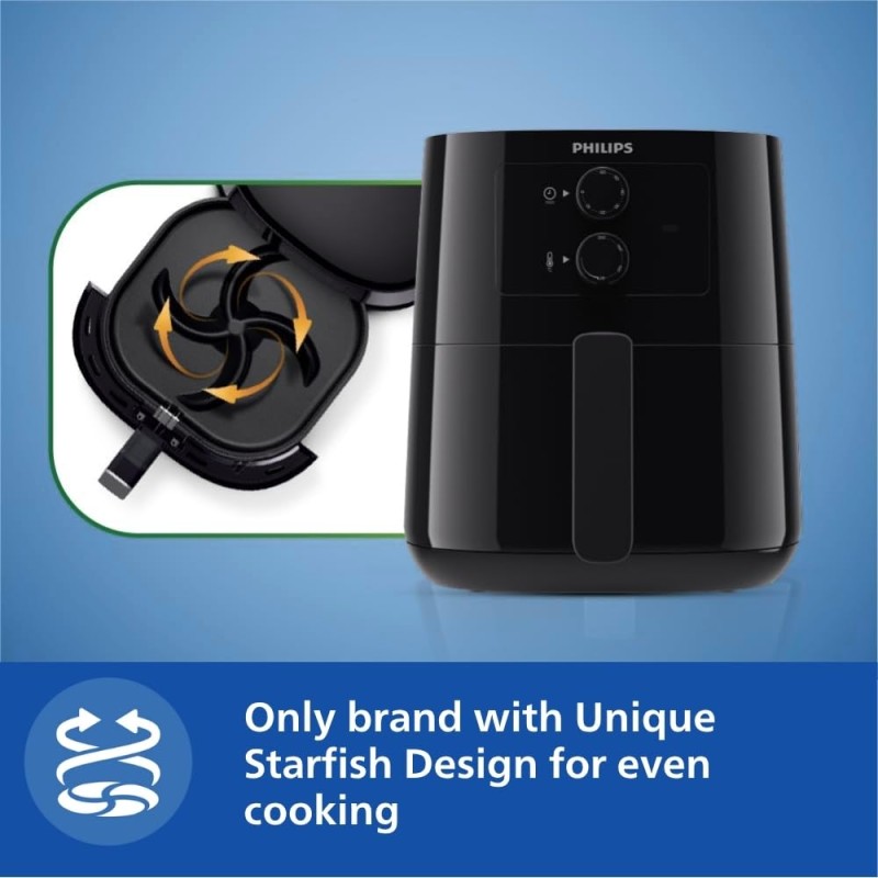 PHILIPS Air Fryer HD9200/90, uses up to 90% less fat, 1400W, 4.1 Liter, with Rapid Air Technology (Black), Large