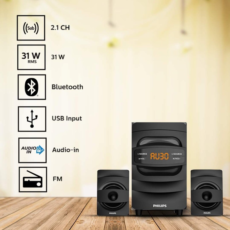 PHILIPS Audio MMS2625B 2.1 Channel, 31 W, Bluetooth Connectivity, Wired Multimedia Computer Speaker, (Black)