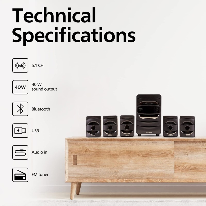 PHILIPS Audio SPA5128B 5.1 CH 40W Multimedia Speaker with Subwoofer, Bluetooth Connectivity (Elegant Matte Finish)