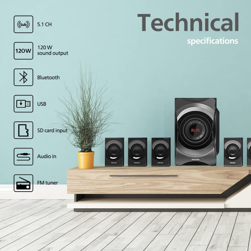 PHILIPS Audio SPA8000B/94 5.1 Channel 120W Multimedia Speaker System with Bluetooth Connectivity, 5X15W Satellite Speakers (Black)