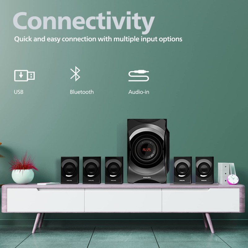 PHILIPS Audio SPA8000B/94 5.1 Channel 120W Multimedia Speaker System with Bluetooth Connectivity, 5X15W Satellite Speakers (Black)
