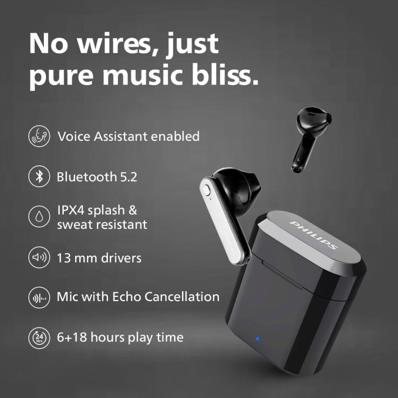 PHILIPS Audio TWS TAT3225/94 True Wireless Earbuds with 24 Hour Playtime (6+18), IPX4 Splash- and Sweat-Resistant, Bluetooth V5.2, Smart Pairing, 13 mm Drivers, Voice Assistant (Black)