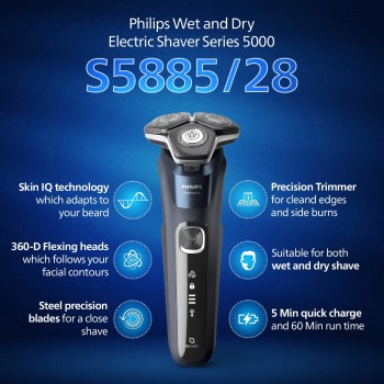 PHILIPS Electric Shaver For Men | Wet & Dry | Powerful Close Shave | Gentle on Skin | SkinIQ Technology | Steel Precision Blades | 360 D Flexing Heads | Integrated Pop Up Trimmer | LED Display | 5 Mins Quick Charge | Showerproof | S5885/28,Black