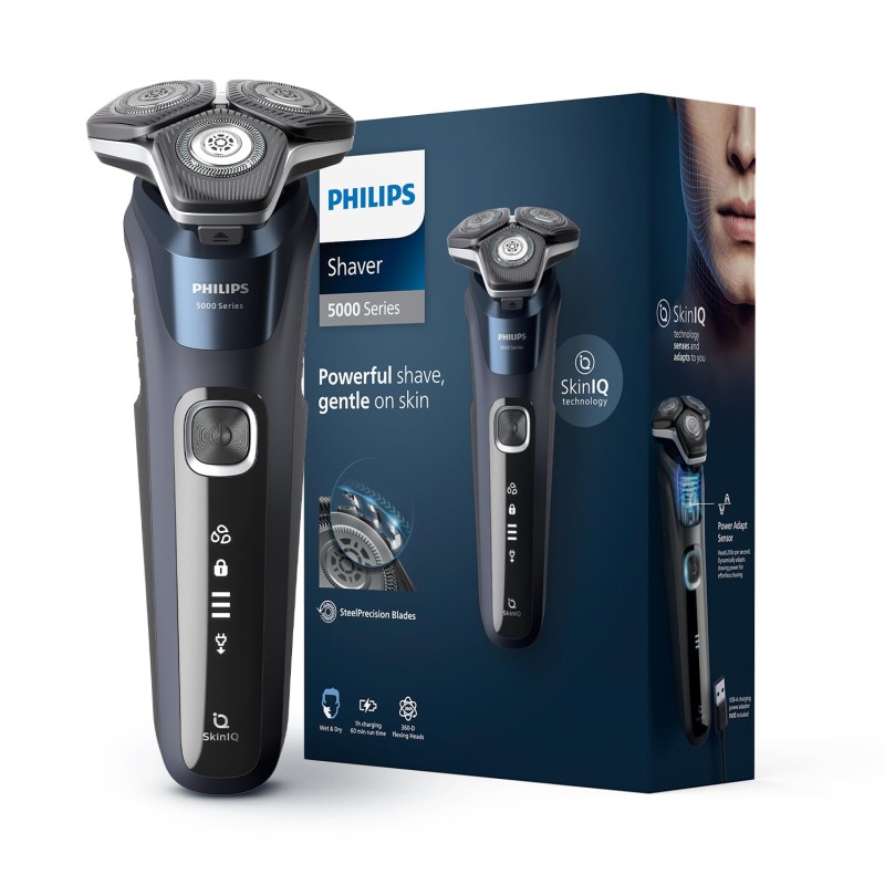 PHILIPS Electric Shaver For Men | Wet & Dry | Powerful Close Shave | Gentle on Skin | SkinIQ Technology | Steel Precision Blades | 360 D Flexing Heads | Integrated Pop Up Trimmer | LED Display | 5 Mins Quick Charge | Showerproof | S5885/28,Black