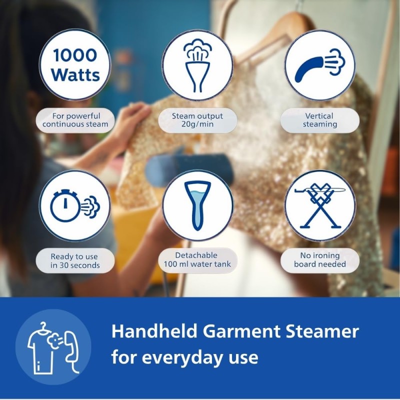 PHILIPS Handheld Garment Steamer STH3000/20, Reno Blue