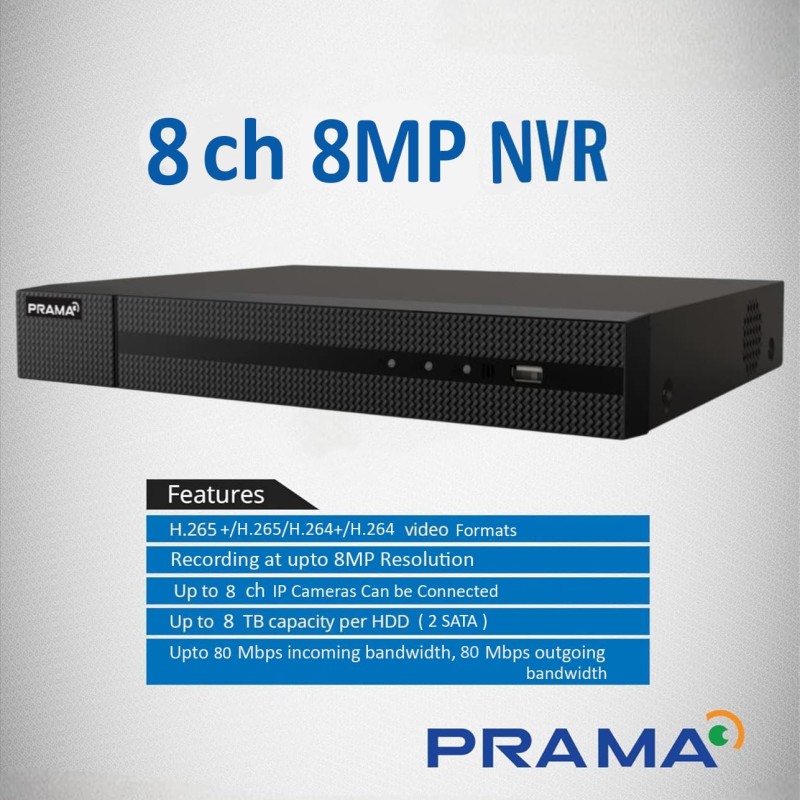 PRAMA PT-NR2A08-Q2 8 Channel 8MP Network Video Recorder with H.265+ Compression, 2 SATA Interface Supporting HDD