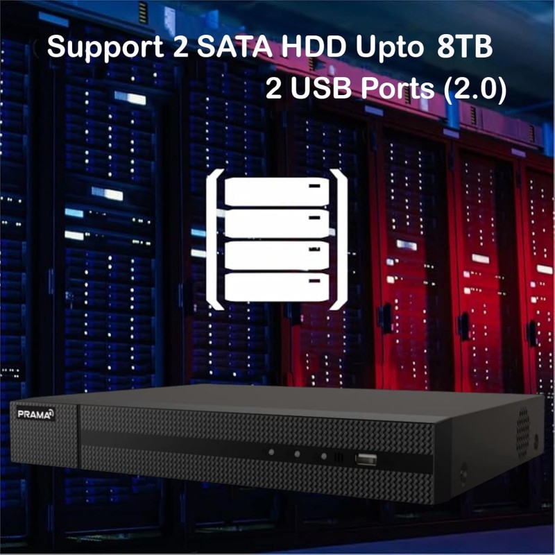PRAMA PT-NR2A08-Q2 8 Channel 8MP Network Video Recorder with H.265+ Compression, 2 SATA Interface Supporting HDD