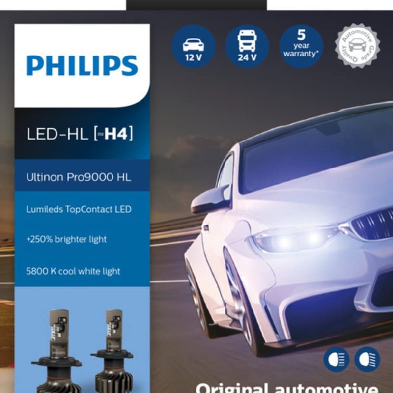 Philips Automotive H4 Ultinon Pro9000 11342U90Cwx2 LED Headlight Bulb For Car 12-24V 18W, P43T, Pack Of 2, Silver