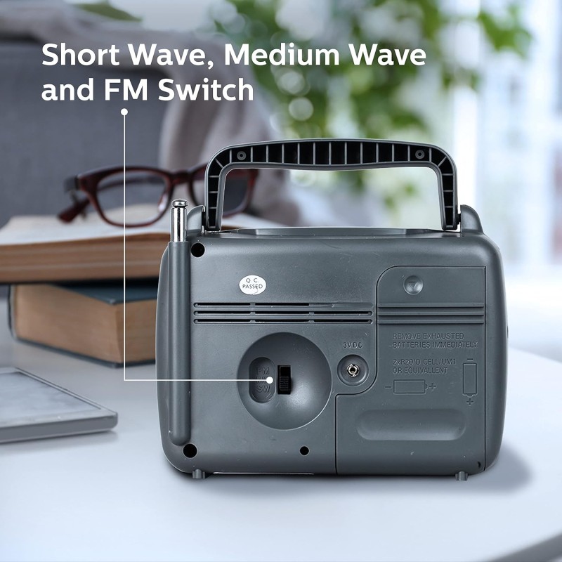 Philips DL167/94 Portable/Hand Carry Radio with MW/SW/FM Bands, Telescopic Aerial, 2xR20 Battery & Optional 3V DC Power, 4? Speaker Impedance, Tuning & Band Selection, Portable Radio Receiver