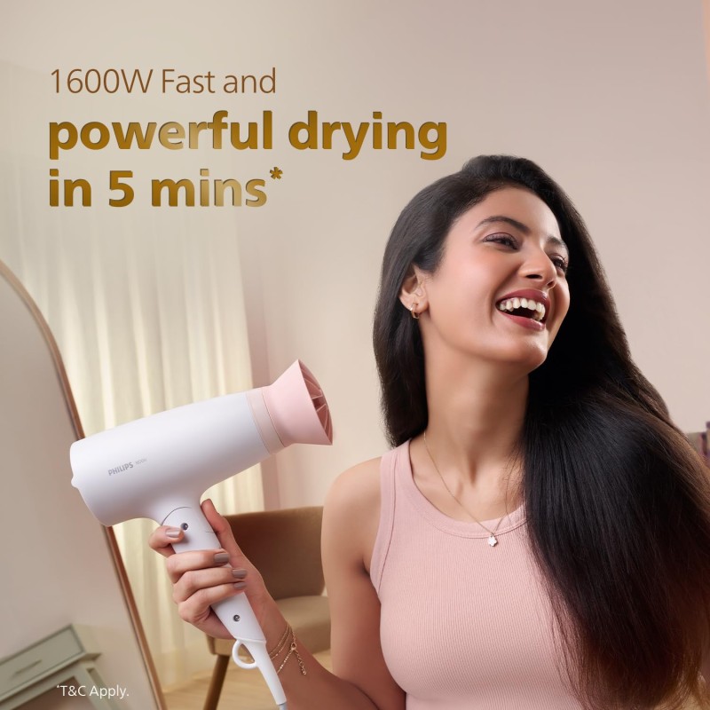 Philips Foldable Hair Dryer 1600 Watts| Powerful Salon-like Blow Drying with Less Heat | 3 Heat Settings with Cool Shot (Hot/Cool/Warm) BHD308/30 - White