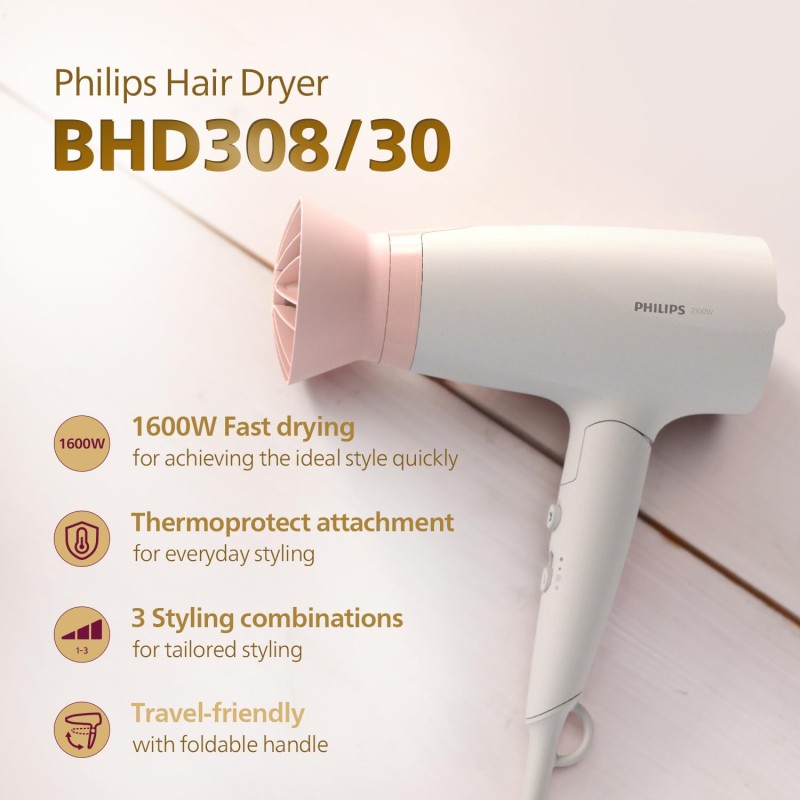 Philips Foldable Hair Dryer 1600 Watts| Powerful Salon-like Blow Drying with Less Heat | 3 Heat Settings with Cool Shot (Hot/Cool/Warm) BHD308/30 - White