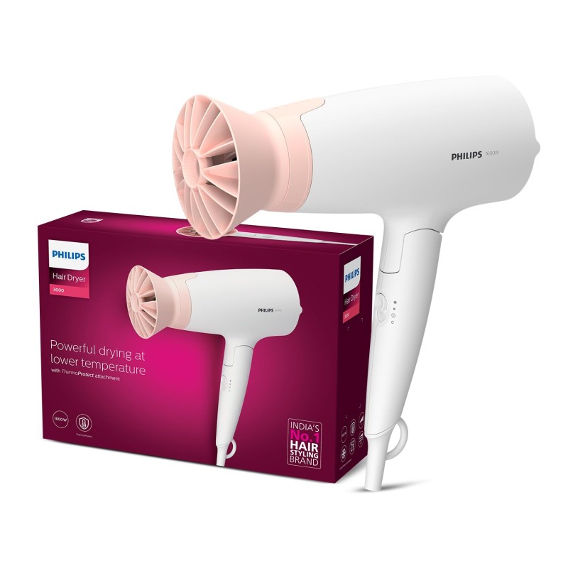 Philips Foldable Hair Dryer 1600 Watts| Powerful Salon-like Blow Drying with Less Heat | 3 Heat Settings with Cool Shot (Hot/Cool/Warm) BHD308/30 - White