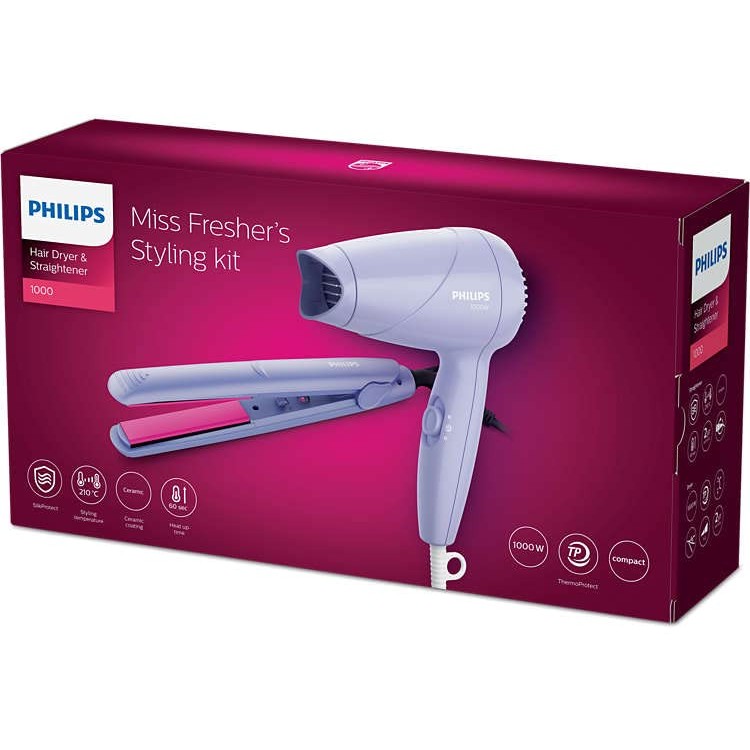 Philips HP8643/56 1000 Watts Hair Dryer and Straightener Combo, Miss Fresher's Styling Kit, Purple