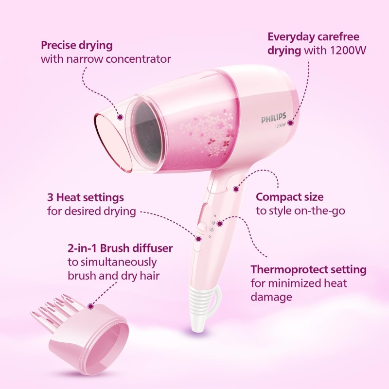 Philips Hair Dryer Bhc017/00 Thermoprotect 1200 Watts with Air Concentrator + Diffuser Attachment - Pink