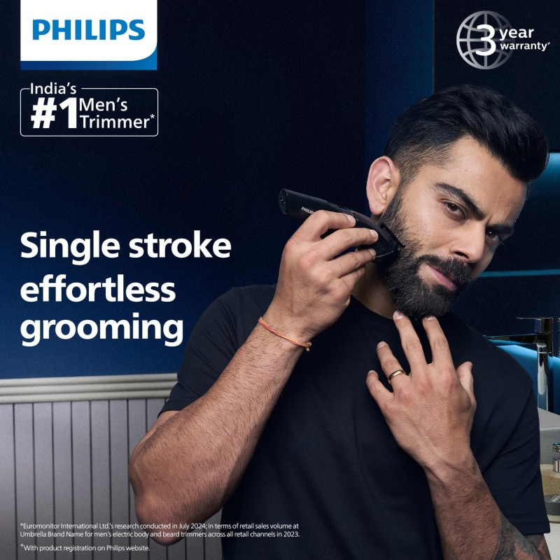 Philips India's No.1 Men's Trimmer | Self Sharpening Blades | Single Stroke Grooming I 9 In1 Face, Nose And Body I 3 Year Warranty | Powerful Motor | No Oil Needed I 60 Min Runtime I MG3710/65,Black