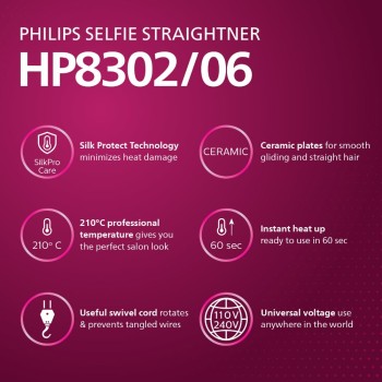 Philips Selfie Hair Straightener I Minimized Heat Damage with SilkPro Care I Ceramic Coated Plates I No.1 Preferred Hair Styling Appliance Brand I HP8302/06