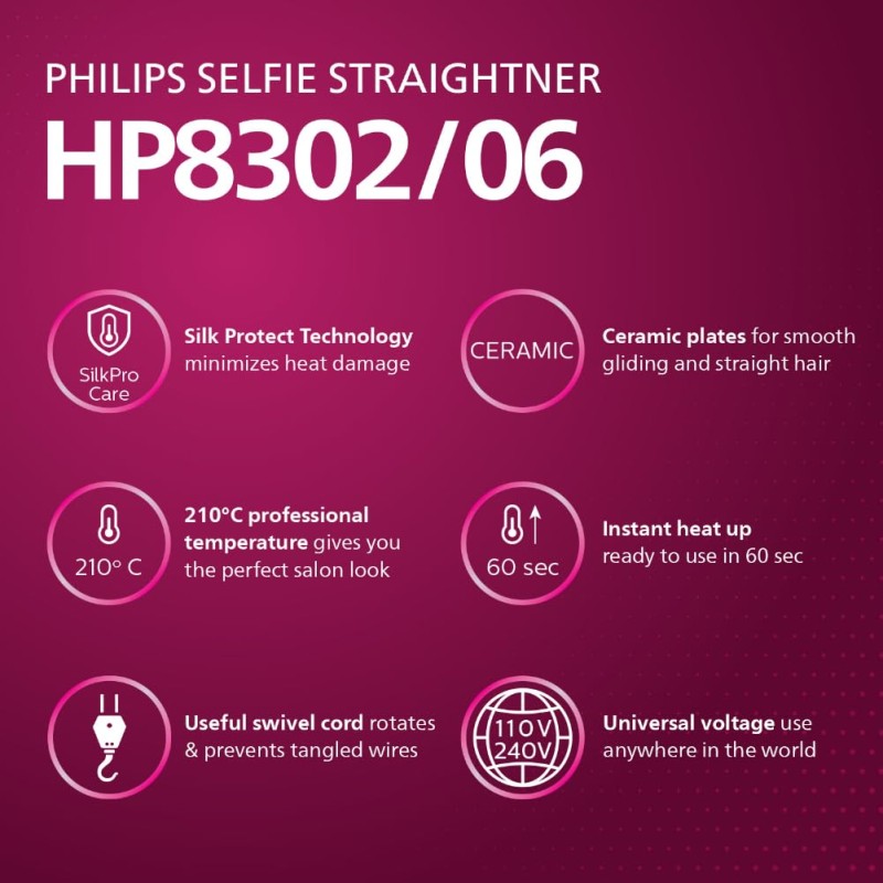 Philips Selfie Hair Straightener I Minimized Heat Damage with SilkPro Care I Ceramic Coated Plates I No.1 Preferred Hair Styling Appliance Brand I HP8302/06