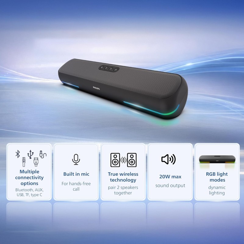Philips TAB4120BK/94 Wireless Bluetooth Soundbar, 20W, 8H Playtime, Bluetooth 5.1, TWS Mode (Deep Black)