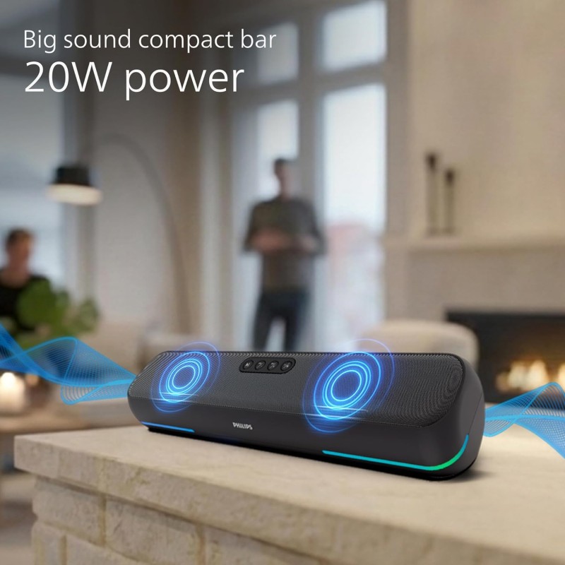 Philips TAB4120BK/94 Wireless Bluetooth Soundbar, 20W, 8H Playtime, Bluetooth 5.1, TWS Mode (Deep Black)