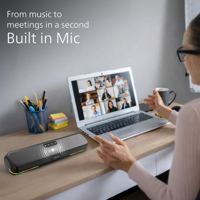 Philips TAB4120BK/94 Wireless Bluetooth Soundbar, 20W, 8H Playtime, Bluetooth 5.1, TWS Mode (Deep Black)