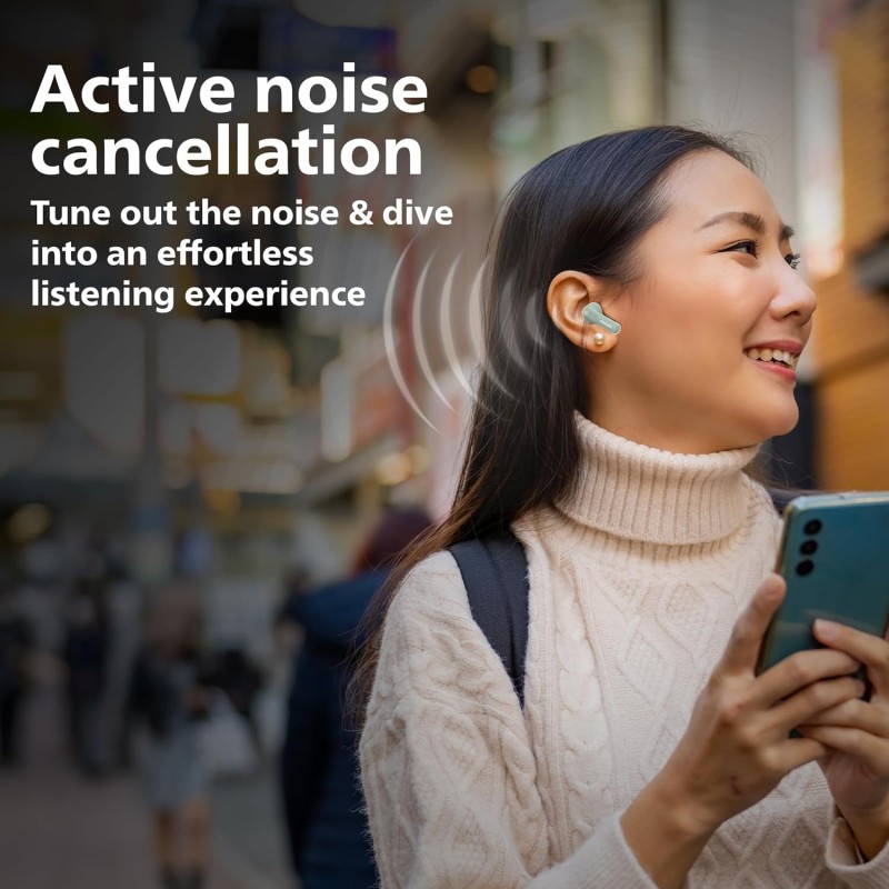 Philips TAT1050GN/94 Truly Wireless Earbuds with ANC, Quad Mic ENC, Up to 50 Hr Playtime, 13mm Neodymium Drivers, Multipoint, IPX5 Water Resistance, Fast Charging, Ultra Low Latency (Frosty Green)