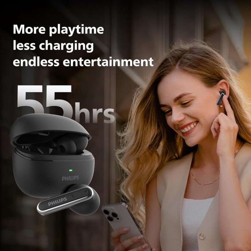 Philips TAT1150BK/94 Premium Wireless Earbuds with ANC, Quad Mic ENC, Up to 55 Hr Playtime (Deep Black)