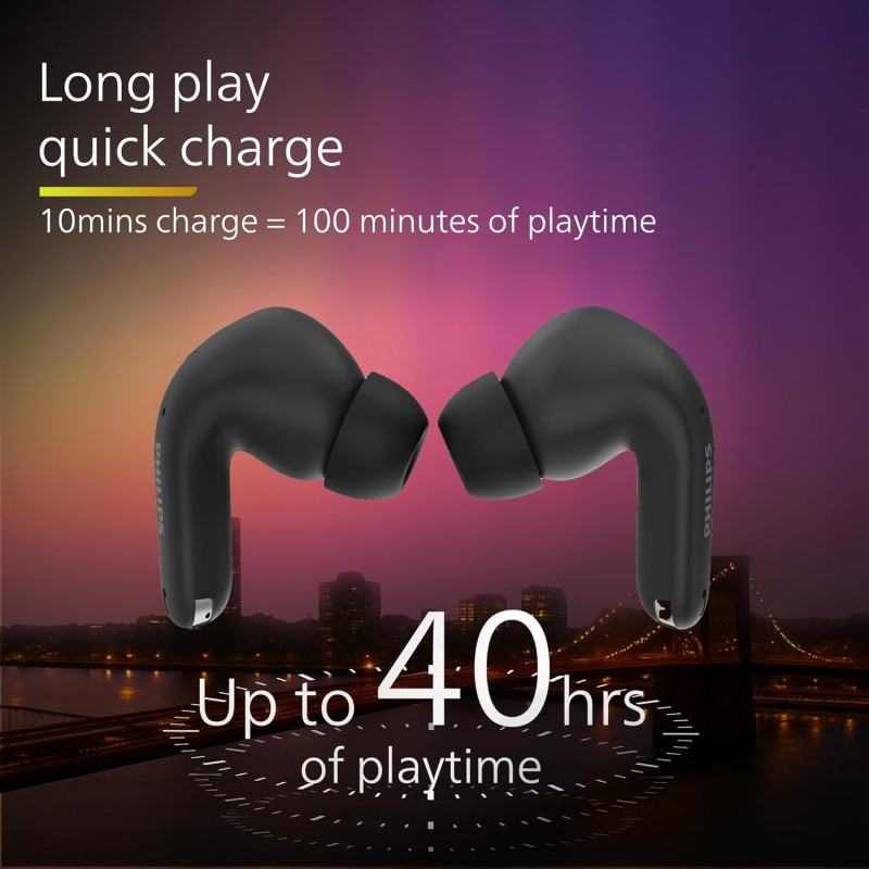 Philips TAT1269 Bluetooth Truly Wireless in Ear Earbuds with mic, 13mm Drivers, Bluetooth 5.4, 40H Playtime (Deep Black)