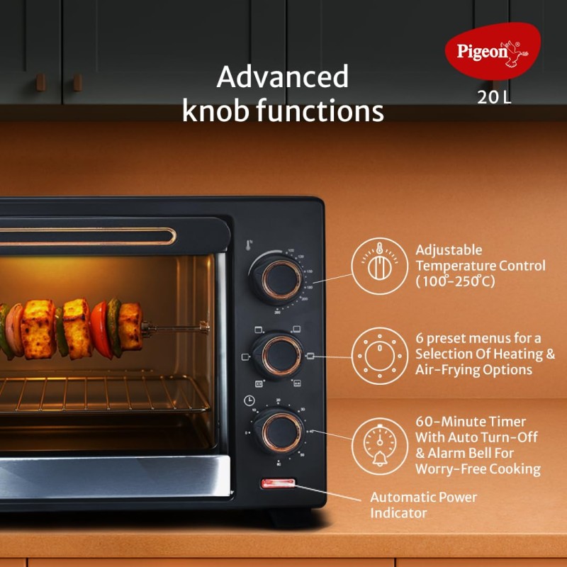 Pigeon Electric Oven (12383) 20 Liters OTG with Grill and Rotisserie, Oven Toaster and Grill for Grilling and Baking Cakes (Grey)