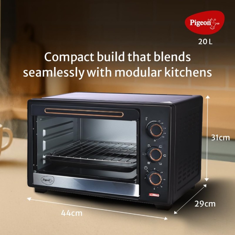 Pigeon Electric Oven (12383) 20 Liters OTG with Grill and Rotisserie, Oven Toaster and Grill for Grilling and Baking Cakes (Grey)